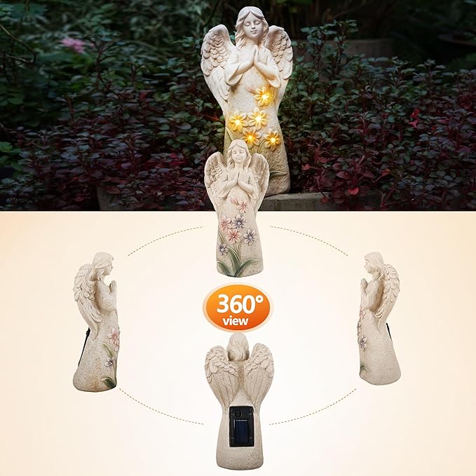 Roundot Garden Angel Statues Outdoor Decor 9.6 inches 6 LED Lights Solar Outdoor Sculptures for Outside Yard Art Patio Balcony Front Lawn Ornaments Gifts for Mom Grandma Women
