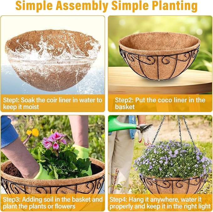Legigo 6 Pack 12 Inch Metal Hanging Baskets for Plants Outdoor- Round Wire Hanging Planters Basket with Coconut Coir Liner, Hanging Flower Pot for Outdoor Plants Flowers Garden Decorations
