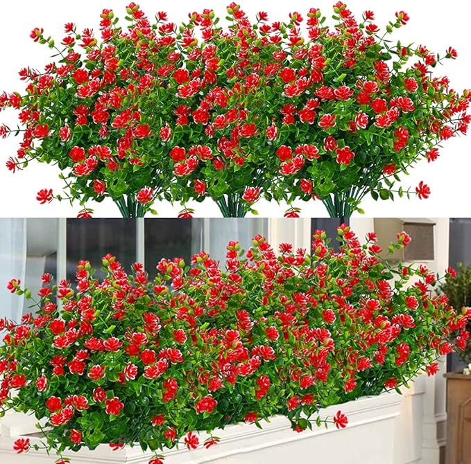 ArtBloom 6 Bundles Outdoor Artificial Flowers UV Resistant Fake Boxwood Plants, Faux Plastic Greenery for Indoor Outside Hanging Plants Garden Porch Window Box Home Wedding Farmhouse Decor (Red)