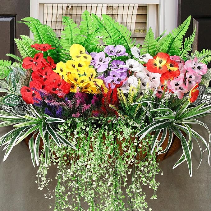 24 Pcs Outdoor Artificial Plants UV Resistant Faux Plant Fake Greenery Stems Faux Shrubs Flower for Outside Hanging Front Porch Patio Garden Window Box Home Wedding Summer Spring Decor(Mix Color)