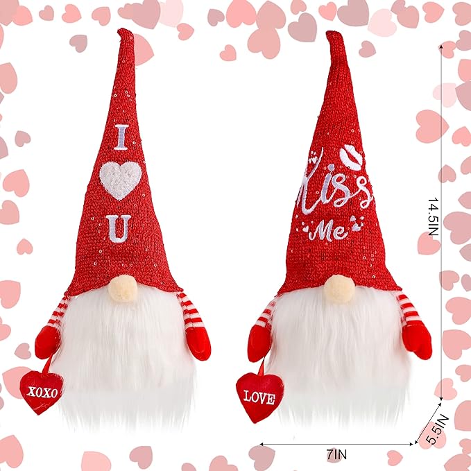 Juegoal 2 Pack Lighted Valentines Gnomes Decorations, 14.5 Inch Handmade Scandinavian Swedish Tomte, Light Up Elf Toy Holiday, Battery Operated Valentine Gift Tabletop Ornament