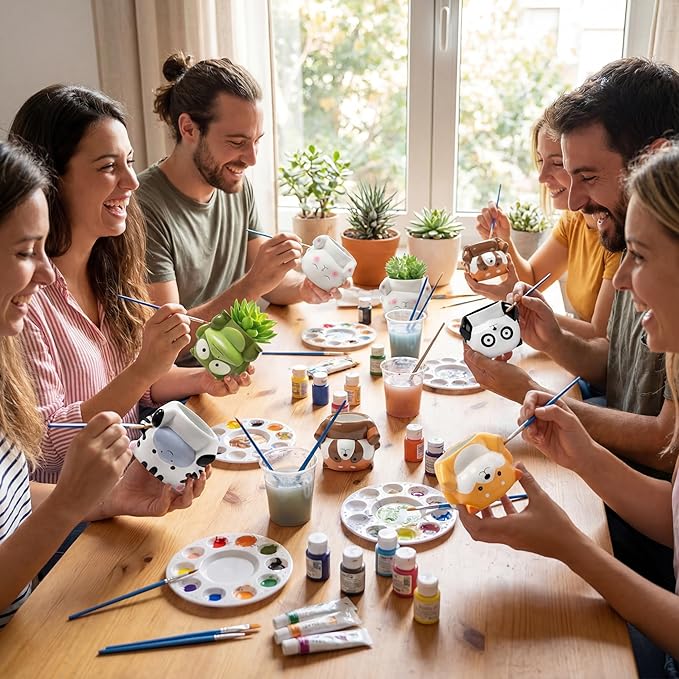 Chuangdi 6 Sets DIY Ceramic Succulent Pots Paint Animal Planters Unpainted Plant Flower Pot Paintable Ceramic Painting Kit Drainage Hole Color Paints Paintbrushes Palettes for Craft Activity