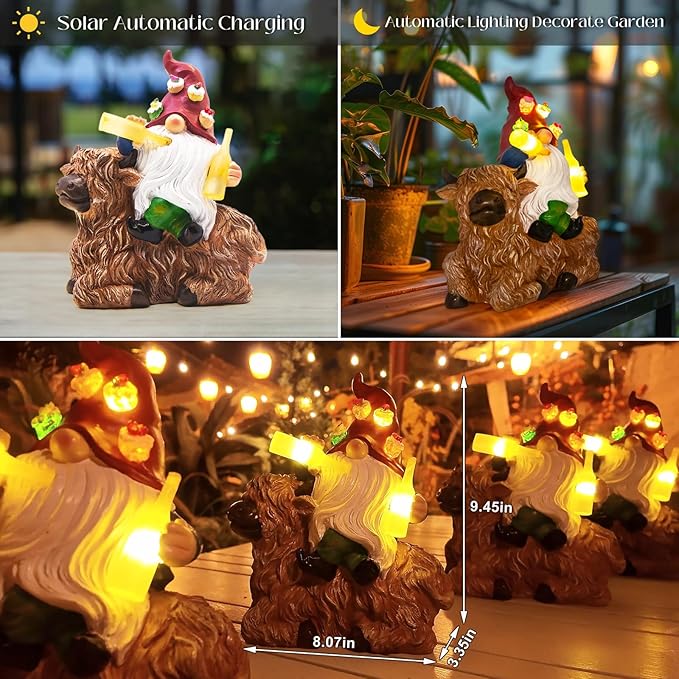 DKJOCKY Birthday Gifts for Women,Funny Garden Gnomes with Highland Cow Statues Decorations for Yard, Gnomes with Solar Lights Garden Decor, Friendships Birthday Gifts for Women Mom Unique