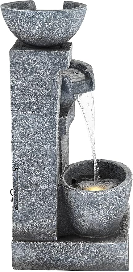 Three Bowls 32 1/4" High Large Modern Indoor Outdoor Decor Gray Faux Stone Floor Fountain with Light LED Waterfall Cascading Water Feature for Outside Garden Patio Yard Backyard - John Timberland