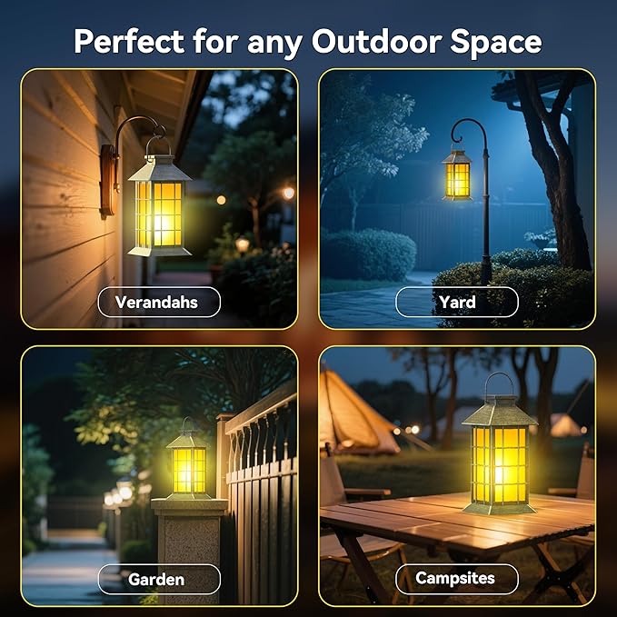 2 Pack 13" Bronze Solar Lantern with Flickering Flame Candle | Outdoor Waterproof Hanging Lanterns, Metal & Glass Solar Lights for Garden Decoration, Rustic Gifts for Mom