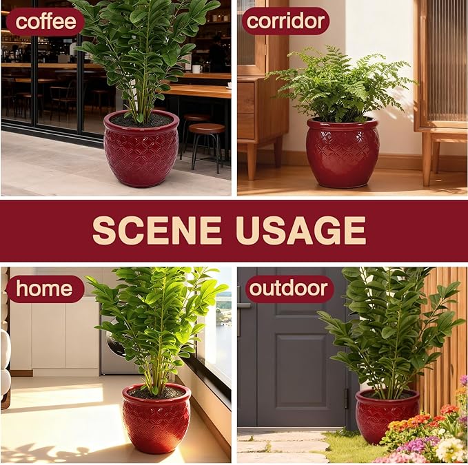 Tiered Ceramic Planter Set with Drainage Hole, 3-Piece (9/12/15 Inch) Indoor & Outdoor Flower Pots for Plants, Modern Planters for Patio, Balcony, Garden-Red