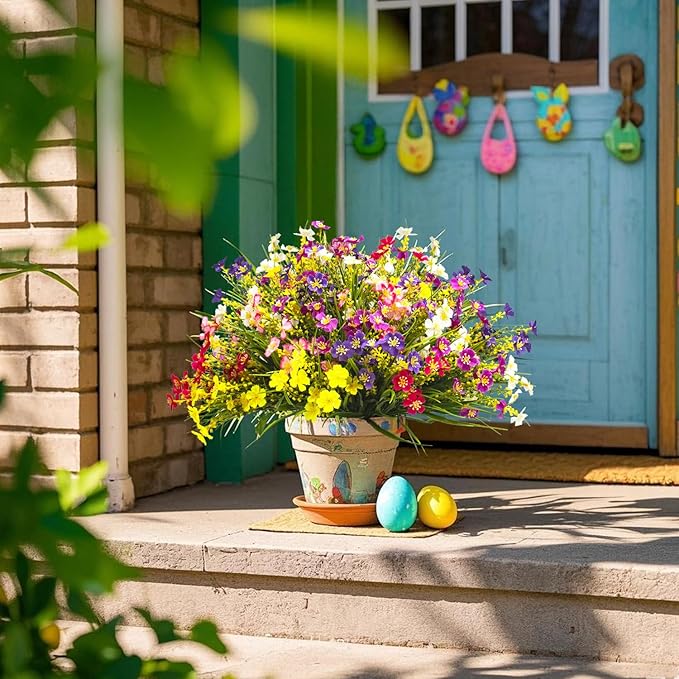 Grunyia 24 Bundles Artificial Faux Flowers Outdoor Plants for Autumn Summer Decoration,Fake Silk Realistic UV Resistant Colorful Daisy for Outside Home Porch Patio Balcony Yard Decor