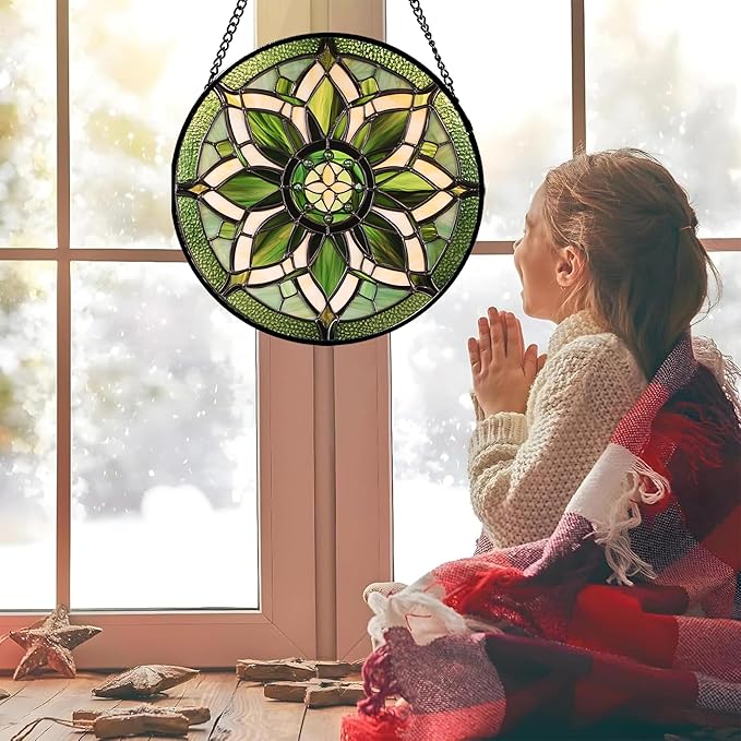 HWRHTR Stained Glass Window Hanging - White Green Boho Flower Suncatcher for Doors Window Home Sun Catchers Decor Christmas Mother's Day Birthday Gifts for Teacher Women Men Mom Nana 9.8 in