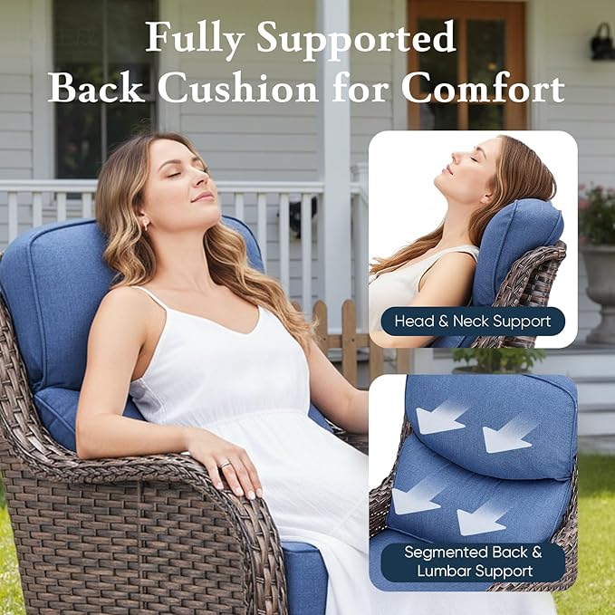 Belord Luxury 6" Thick Cushioned Outdoor Swivel Rocker Patio Chairs Set of 4 with Side Table, High Back Wicker Furniture Set with Ergonomic Zone Back, Conversation Set for Deck Porch - Brown+Blue
