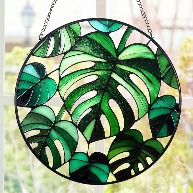 7.8'' Monstera Plant Stained Glass Suncatcher,Stained Glass Window Hanging, Plant Suncatcher, Plant Lover Gifts, Mother's Day, Birthday, Housewarming, Christmas, Festival Gifts
