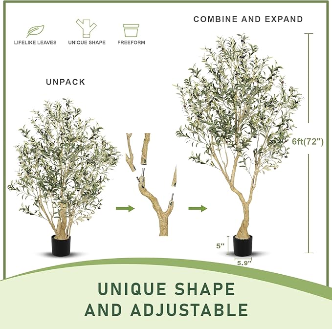 Olive Tree 6ft - Olive Trees Artificial Indoor with Large Olive Branches and Lifelike Fruits - Faux Olive Tree for Modern Home Office House Living Room Decor