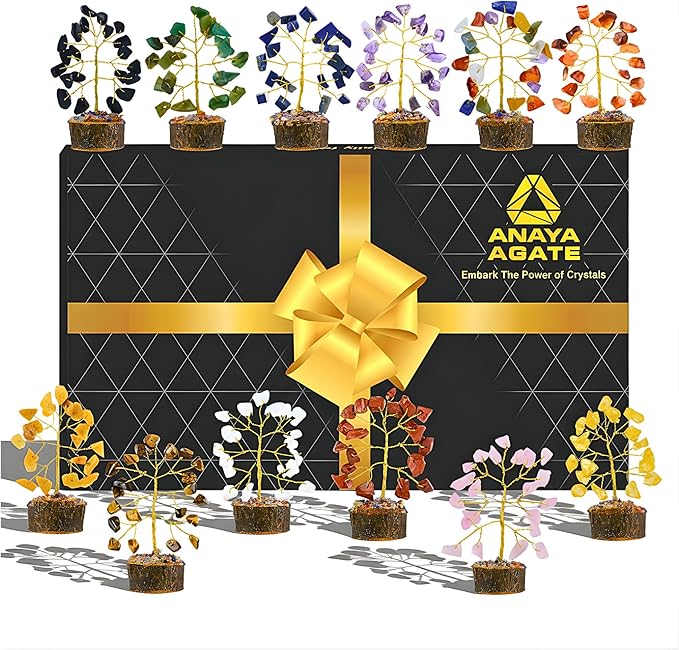 Crystal Tree Set of 12 Unique Birthday Gifts for Women, Sister, Mom, Home Office Decor, Shelf Desk Decoration for Positive Energy, Bring Good Luck, Money, Reiki Healing, Chakra Tree of Life Gift Sets