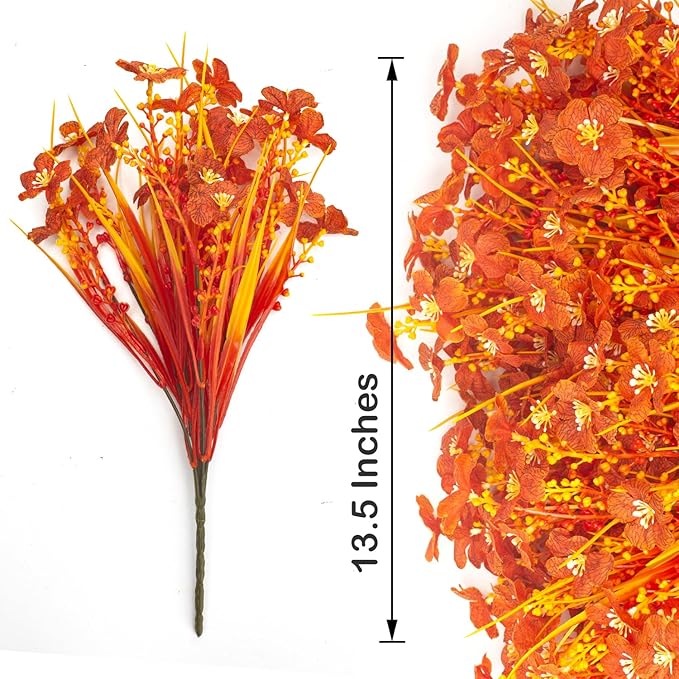 Grunyia 20 Bundles Artificial Fall Flowers Outdoor,No Fade Fake Plastic Flowers,Faux Autumn Plants for Indoor Outside Garden Porch Window Box Home Wedding (Fall Orange)