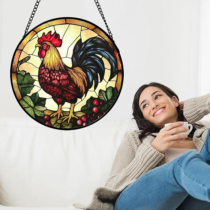 AMDERVEN Stained Glass Window Hanging, Colorful Big Cock Sun Catcher for Window Door Home Decor, Chicken Suncatcher Christmas Mother's Day Birthday Gifts for Women Men Mom and Nana 6.3 in