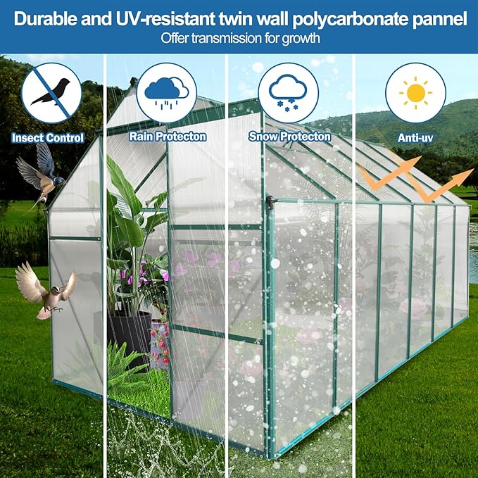 6×12 FT Polycarbonate Greenhouse for Outdoors, Large Walk-in Aluminum Green House Kit with Raised Base, Anchor, Sliding Door & Roof Vent, Heavy-Duty Outdoor Winter Greenhouse, Green