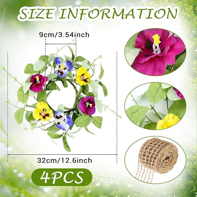 4 PCS Mini Spring Summer Kitchen Cabinet Wreaths Small Pansy Flowers Wreath for Front Door with Fern Branches Ribbon Small Flocked Lamb Ear Leaves Wreath for Indoor Outdoor Farmhouse Porch Wall Decor