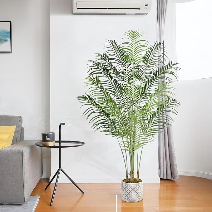 Artificial Palm Tree 6.5ft Tall Fake Palm Tree Indoor Decor with 18 Trunks and Real Bark Design Faux Tropical Areca Palm Silk Floor Plant in Pot for Home Office Living Room Bedroom Decor 1pcs
