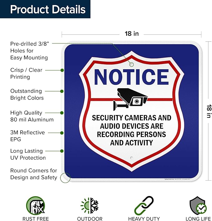 Notice Security Cameras And Audio Devices Are Recording Persons And Activity Sign, 18x18 Inches, Rust Free .063 Aluminum, Fade Resistant, Made in USA by My Sign Center