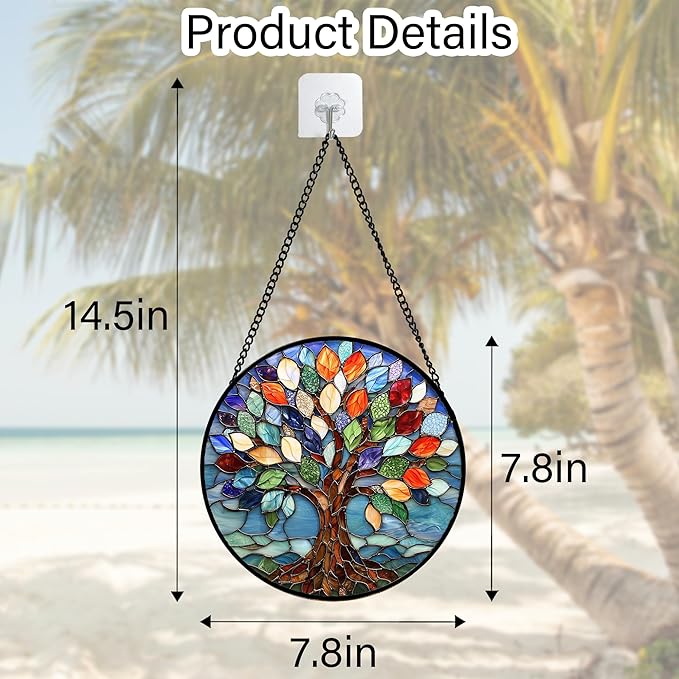 DASTOLL Stained Glass Window Hanging, Colorful Tree of Life Sun Catchers Glass Panel Blue Suncatcher Decor for Birthday for Women, Men, Wife, Aunt, and Mom 7.8 in