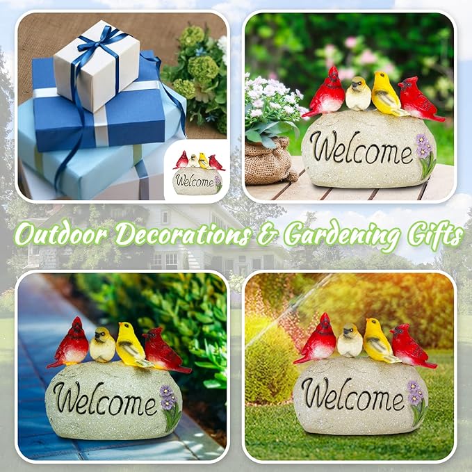 Ovewios Solar Garden Statues Outdoor Decor, Welcome Sign Garden Sculptures Statue Novelty Birds Figurine Decoration for Patio Yard Porch Art Home Decor