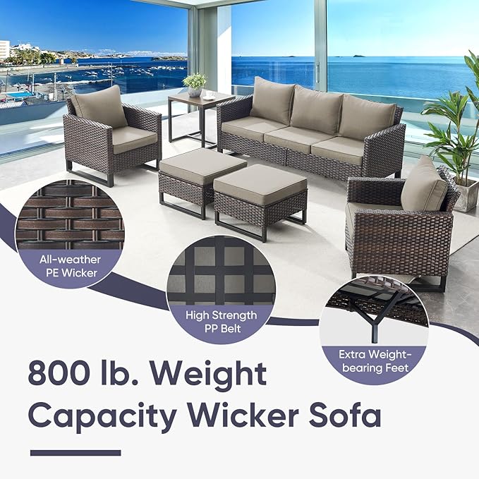 Belord Wicker Patio Furniture 5 Piece Outdoor Sofa Set, Oversize Outdoor Dining Chairs with Rattan Ottomans, Conversation Sets Patio Furniture Come with Removable Washable