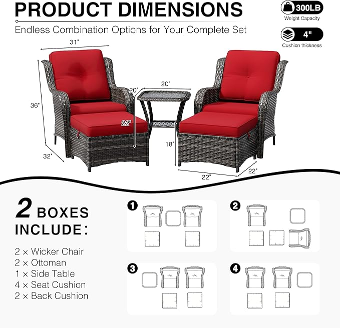 Joyside 5 Piece Wicker Patio Furniture Set, Rattan Patio Chairs with High Back, Deep Seating, Wide Armrest, Thickened Cushions, Outdoor Furniture for Deck, Porch Use