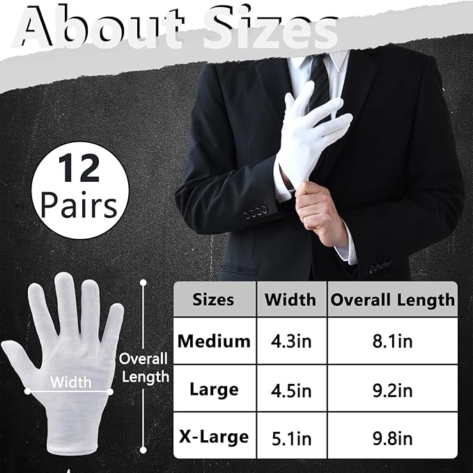 12 Pairs White Cotton Gloves Soft Cloth Dust Hand Gloves Work for Men Women Art Crafting Handling, Eczema, BBQ, Coin Jewelry Watch Inspection, Dry Hands Sleeping, Archival, Large