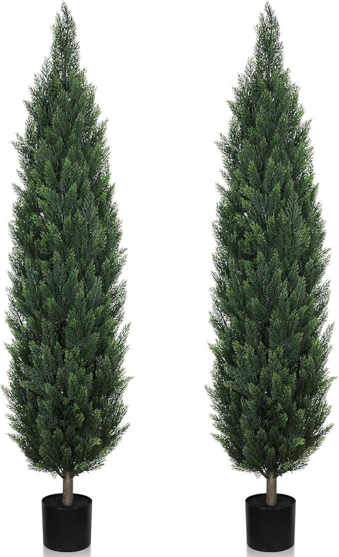 5FT Artificial Cedar Topiary Trees, UV-Resistant Topiary Trees Artificial Outdoor for Front Porch Decor, Realistic Outdoor Fake Pine Plants for Patio Garden Balcony Backyard Indoor Office, Set of 2