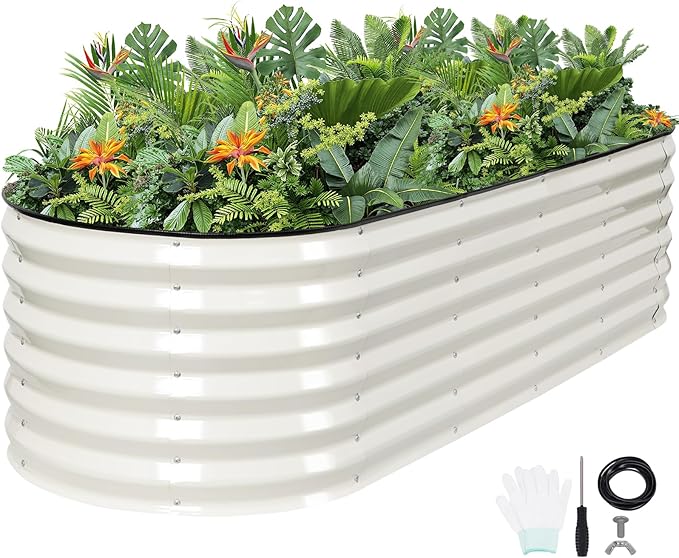 G GOOD GAIN Raised Garden Beds - 6x2x1.4ft Galvanized Planter Boxes Kit with Protective Tape & Gloves & Tools | Oval Metal Outdoor Raised Bed for Gardening Vegetables, Fruits, Flowers, Herbs, White