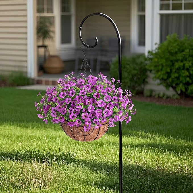 Artificial Flowers Hanging Basket for Outdoor Indoor Spring Summer Decoration,Fake Silk Colorful Daisy Eucalyptus in 12" Metal Coconut Lining Flowerpot Arrangement for Patio Yard Decor(Purple)