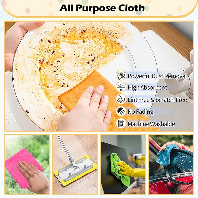 FIXSMITH Microfiber Cleaning Cloth, 20 Pack Cleaning Rags, Cleaning Towels for Housekeeping, Kitchen, Car, Lint-Free, Reusable Shop Towels with 5 Colors (Green/Blue/Yellow/Orange/Pink), 12"X12"