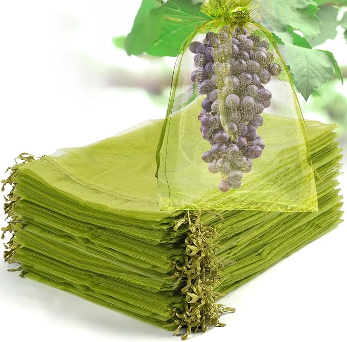 50 Pcs Fruit Protection Bags, 7.5×11.5 Inches Green Fruit Nets for Fruit Tree, Drawstring Mesh Cover Bags to Protect Vegetables Tomato Strawberry Garden