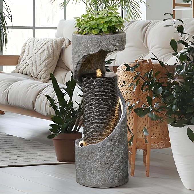 35.4" H Water Fountain Outdoor Water Feature Indoor,Modern Spiral Water Fall Fountains for Outside for Garden, Patio, Deck, Yard, Porch, Office with Lights Home Art Decor