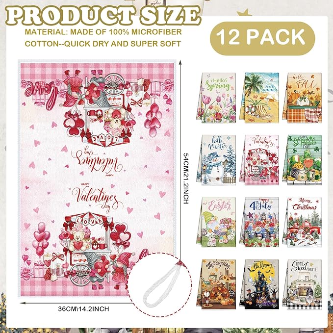FuWeave 12 Pcs Seasonal Kitchen Towels Set for All Holidays Hand Dish Tea Towels Gift Bulk Valentine's Day Absorbent Dishcloths Housewarming Gift for Cooking Kitchen Bathroom(Fresh Style)