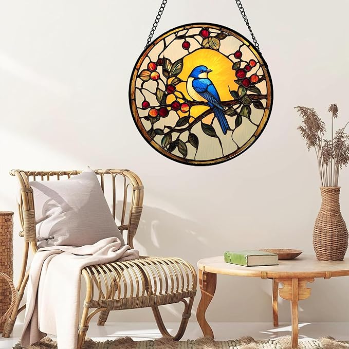 Stained Glass Window Hanging Blue Bird On A Branch 7.8" - Retro Suncatcher Door Garden Sunroom Sun Catcher Home Decor Birthday Christmas for Mom Men Woman Nana