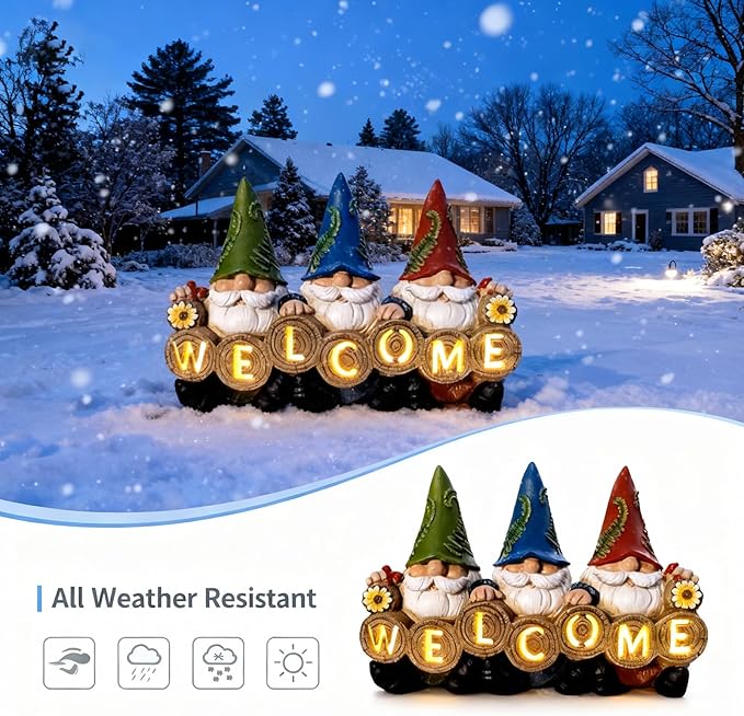 Garden Gnomes Solar Powered Welcome Statue, Outdoor Patio Yard and Garden Decor, Durable Resin, Perfect as, Unique Gifts for Women, Gifts for Grandkids and mom