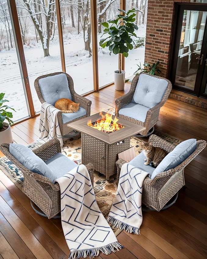 Outdoor Patio Swivel Gliders with Fire Pit Table 5 Piece Set - High Back Brown Wicker Rattan Rocking Chair with Thick Cushion for Porch Apartment Deck Yard Poolside Garden - Baby Blue