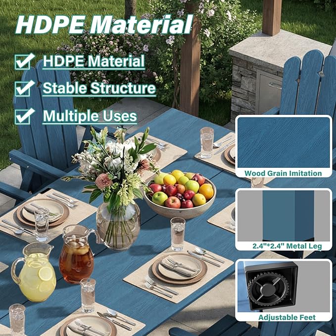 9-Piece Patio Dining Set for 8, Large HDPE All-Weather Outdoor Furniture with Umbrella Hole Table, 89.76” Oversized Table, 8 Armchairs, Navy
