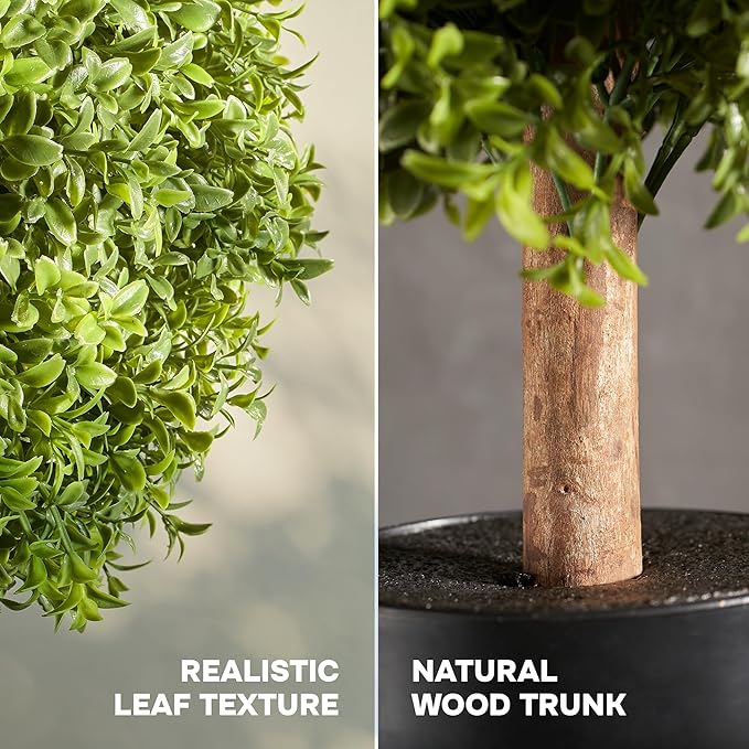 Artificial Plants Indoor Outdoor - Set of 2 Topiary Boxwood Trees – 24” High Pre-Potted Faux Trees - Plant Decor for Front Porch Home Office - Topiary Ball