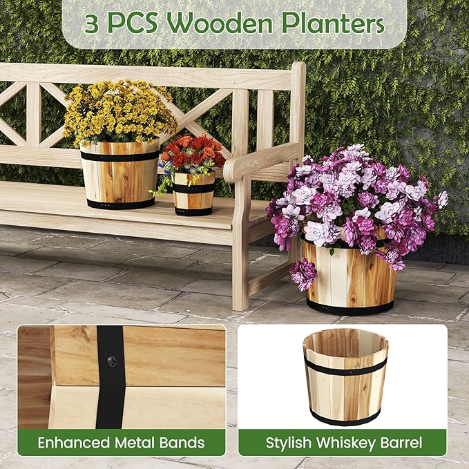 Giantex Set of 3 Barrel Planters, Outdoor Acacia Wood Raised Garden Bed for Flower Vegetable Fruit, Whiskey Bucket Shape Planter Boxes in Different Sizes for Patio Porch Balcony Yard (Natural)
