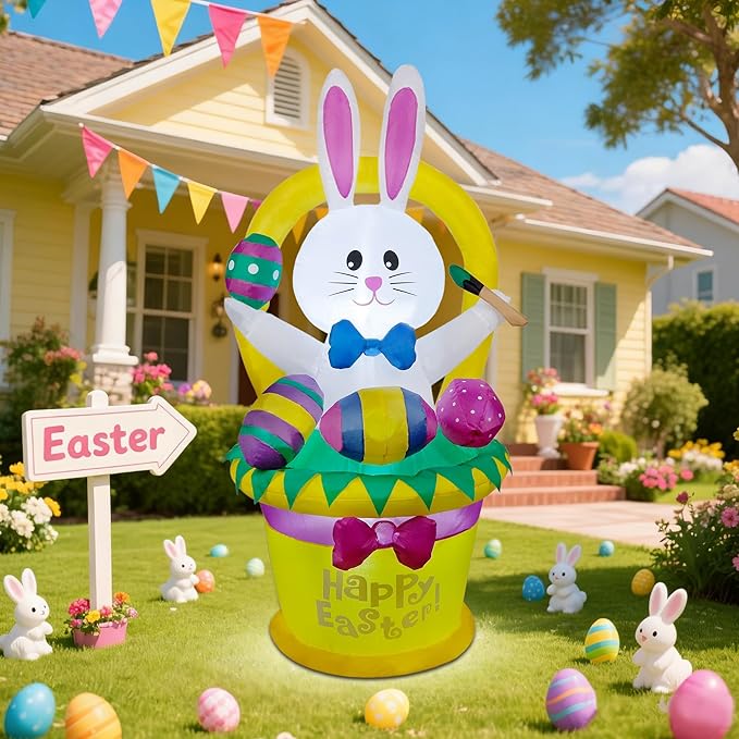 5 FT Easter Inflatable Outdoor Decoration, Inflatables Bunny with Basket and Eggs, Happy Easter Blow up Rabbit for Yard Lawn Garden Holiday Party