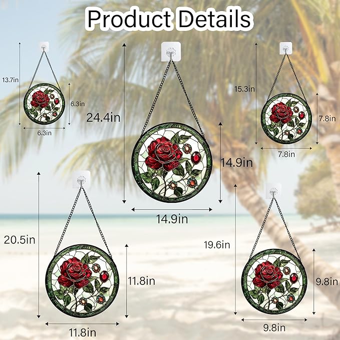 DASTOLL Stained Glass Window Hanging, Red Rose Gemstone Green Sun Catchers Diamond Glass Panel Hangings Suncatcher Decor for Birthday for Women, Men, Wife, Aunt, and Mom 14.9x14.9 in
