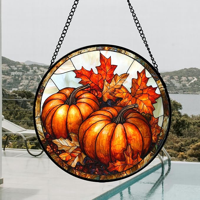 DASTOLL Stained Glass Window Hanging, Pumpkin Maple Leaf Suncatcher for Doors Home Sun Catchers Decoration and Christmas, Mother's Day Birthday Gifts for Women, Men, and Mom 15x15 in