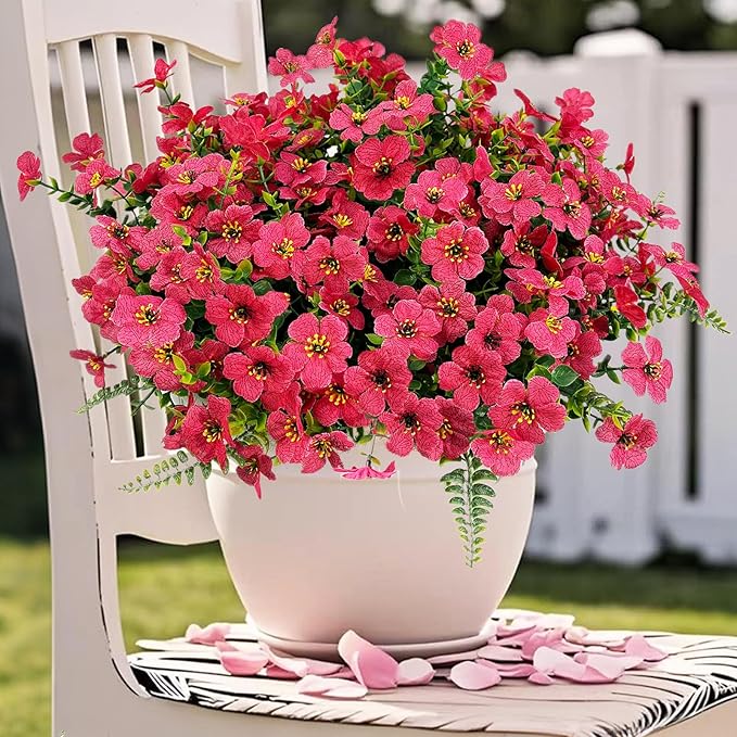 Pinenoya Artificial Faux Plants Flowers Outdoor Decoration,16 Bundles Fake Silk Colorful Daisy Eucalyptus Realistic UV Resistant for Outside Home Planter Porch Patio Yard Decor (Red)