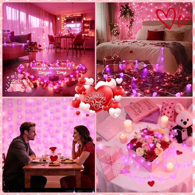 Valentine’s Day Twinkle Fairy Lights with Timer | 10FT 30LED Battery Operated Pink Heart Light with Remote for Wedding Bedroom DIY Indoor, Girl‘s Romantic Gifts Valentine Decor