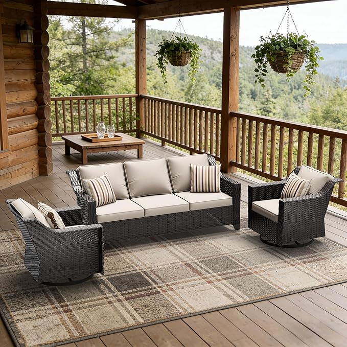 3 Pieces Patio Conversation Furniture Set - 1 Sofa, 2 Swivel Chairs, Outdoor Wicker Furniture with Removable Cushions for Porch, Balcony, Sunroom (Beige)