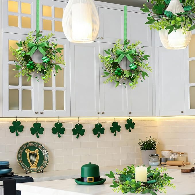 4 PCS Mini St. Patrick's Day Glitter Shamrocks Wreath for Front Door St. Patrick's Day Kitchen Cabinet Wreaths Decorations with Ribbon Small Lucky Green Irish Clover Berry Wreath for Porch Window