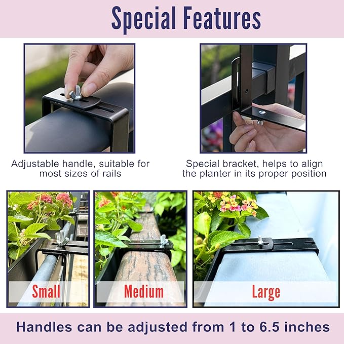LaLaGreen Deck Railing Planters (14 Inch, 2 Pack) Black Rectangular Window Flower Box with Bracket, Self Watering System Hanging Planter Boxes for Outdoor Plant Pots Container Rail Fence Balcony Herb