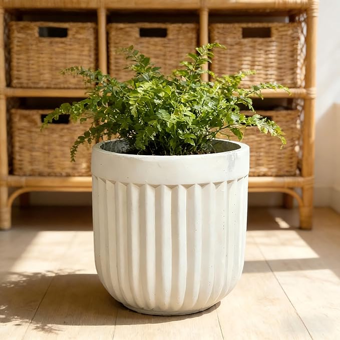 Round Planter with Vertical Ribs, 12 Inch Large Plant Pots with Drainage Hole, Modern Planters for Indoor Outdoor Plants, Home Decor, White