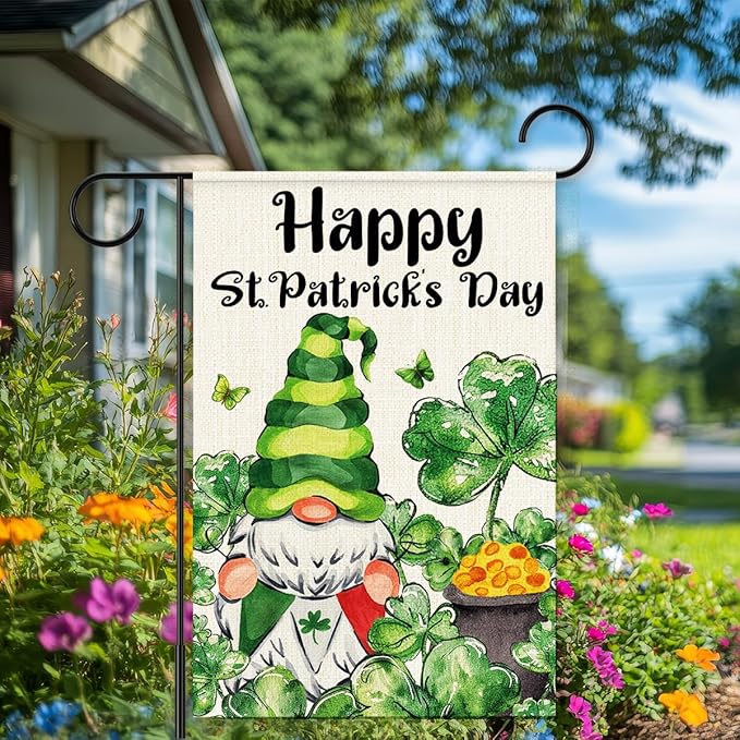 Happy St Patricks Day Garden Flag 12x18 Inch Double Sided,Gnome Shamrocks Outdoor Irish Decor House Porch Flag for St Patrick's Day Party and Yard Decorations